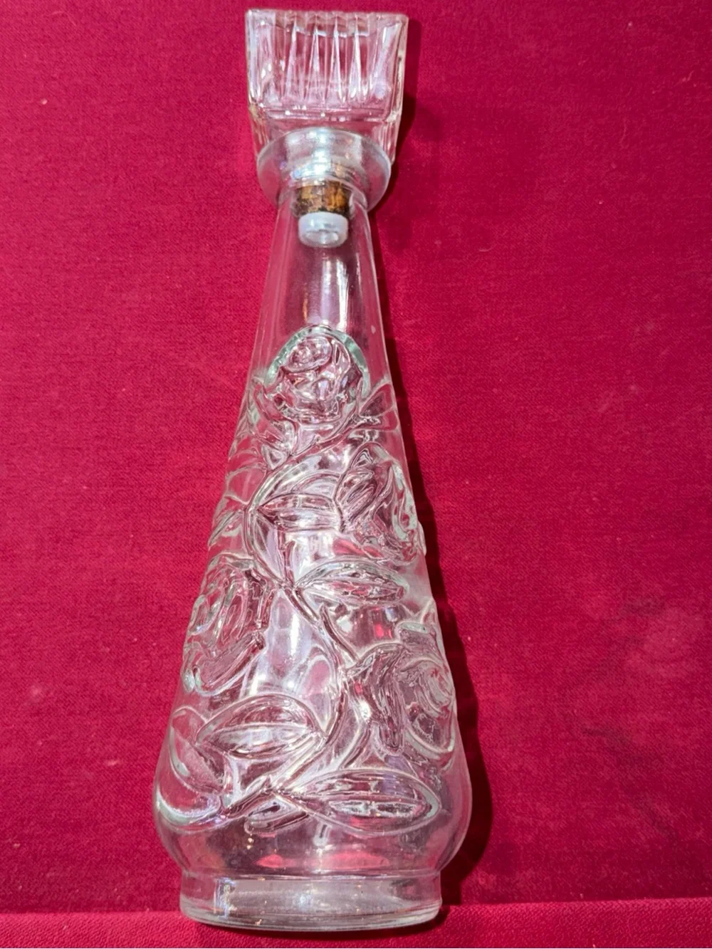 1950s clear GLASS Decanter Wine BOTTLE Embossed Cabbage ROSES 13” & Stopper SET